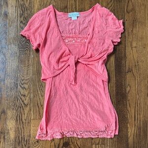 Peach Pink Lace-Trim Blouse Camisole and Shrug Tie Front